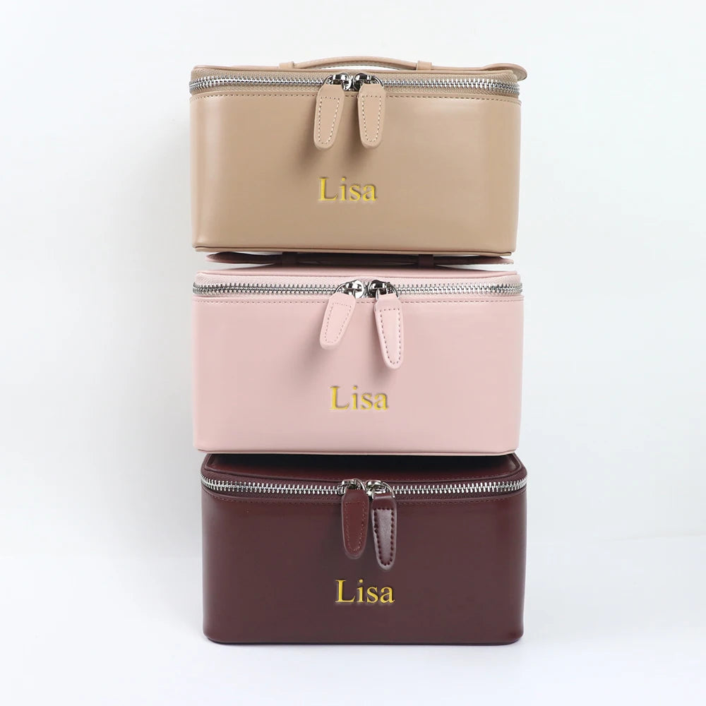 Customized name leather hand-held makeup case and beauty bag, portable storage large-capacity handbag