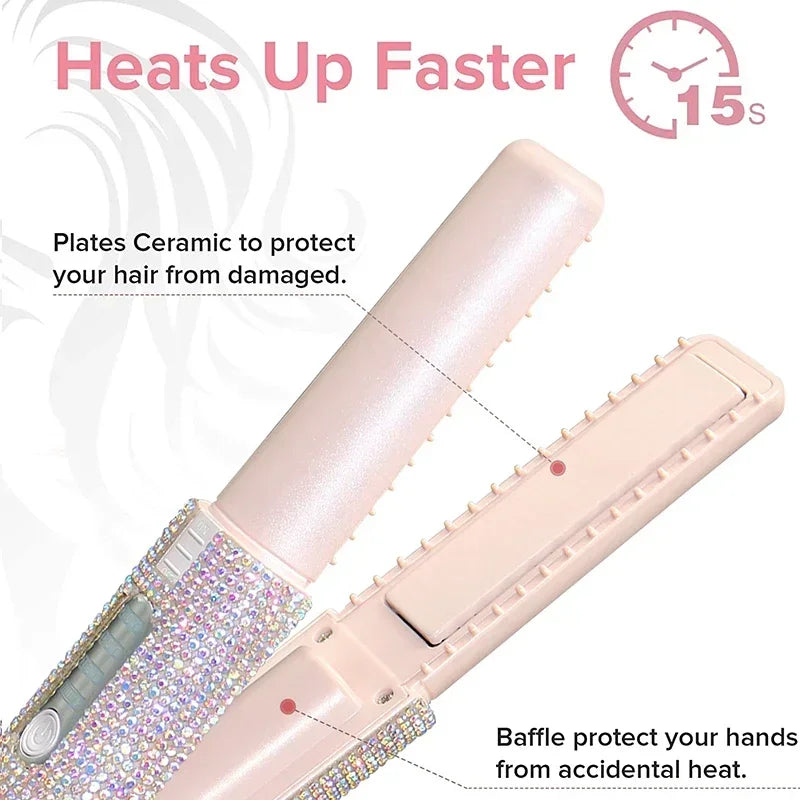 2-IN-1 Electric Hair Straightener Curler Fashion Colored Diamond  Design Cordless Travel Home Hair Straightening Styler Brush