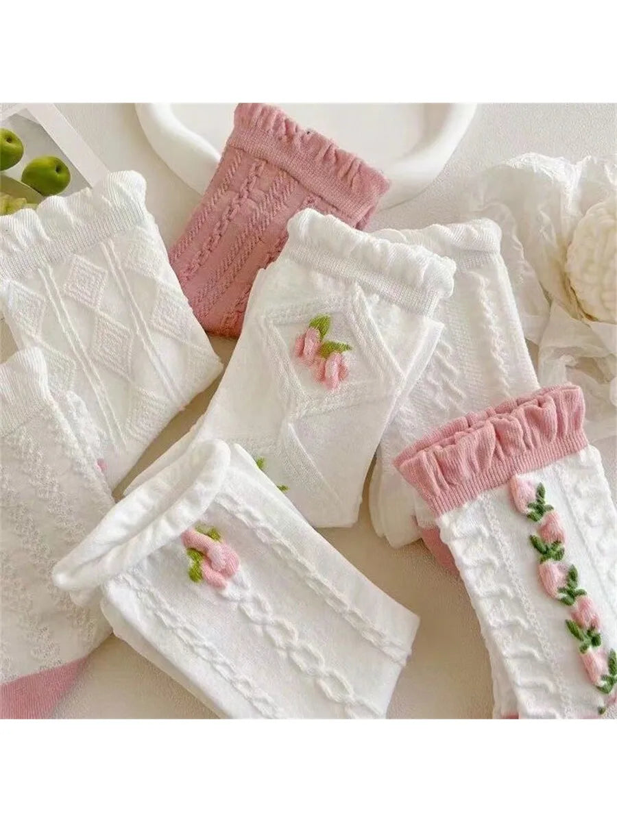 5 pairs of pink and white girl diamond patterned flower socks   pink and cute lace mid length socks