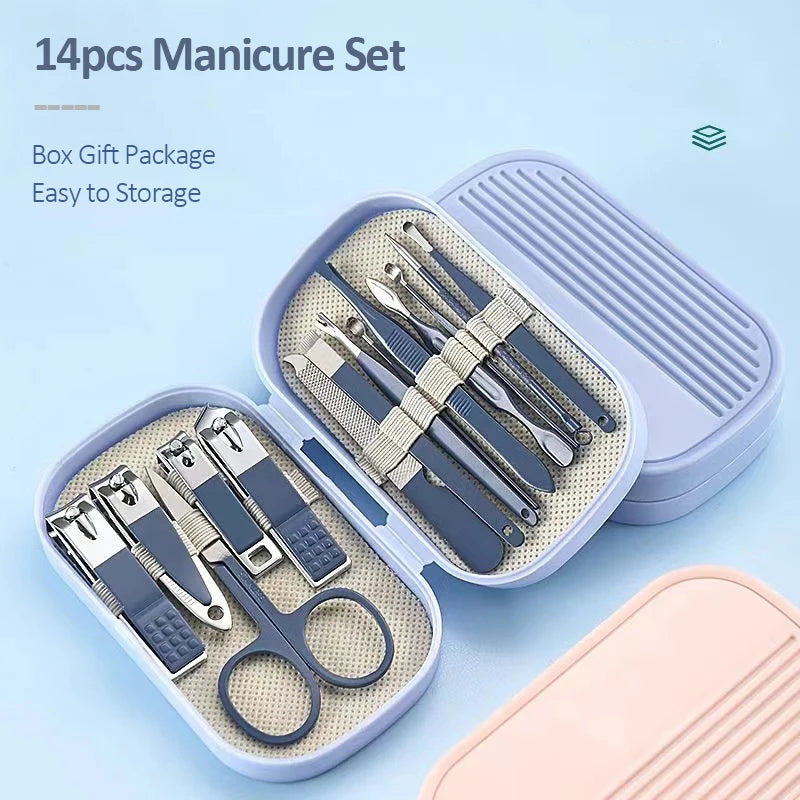 14 Piece Deluxe Manicure & Pedicure Set Pink And Blue Stainless Steel Nail Scissors, Clippers, Ear Digging Spoon for Men & Women