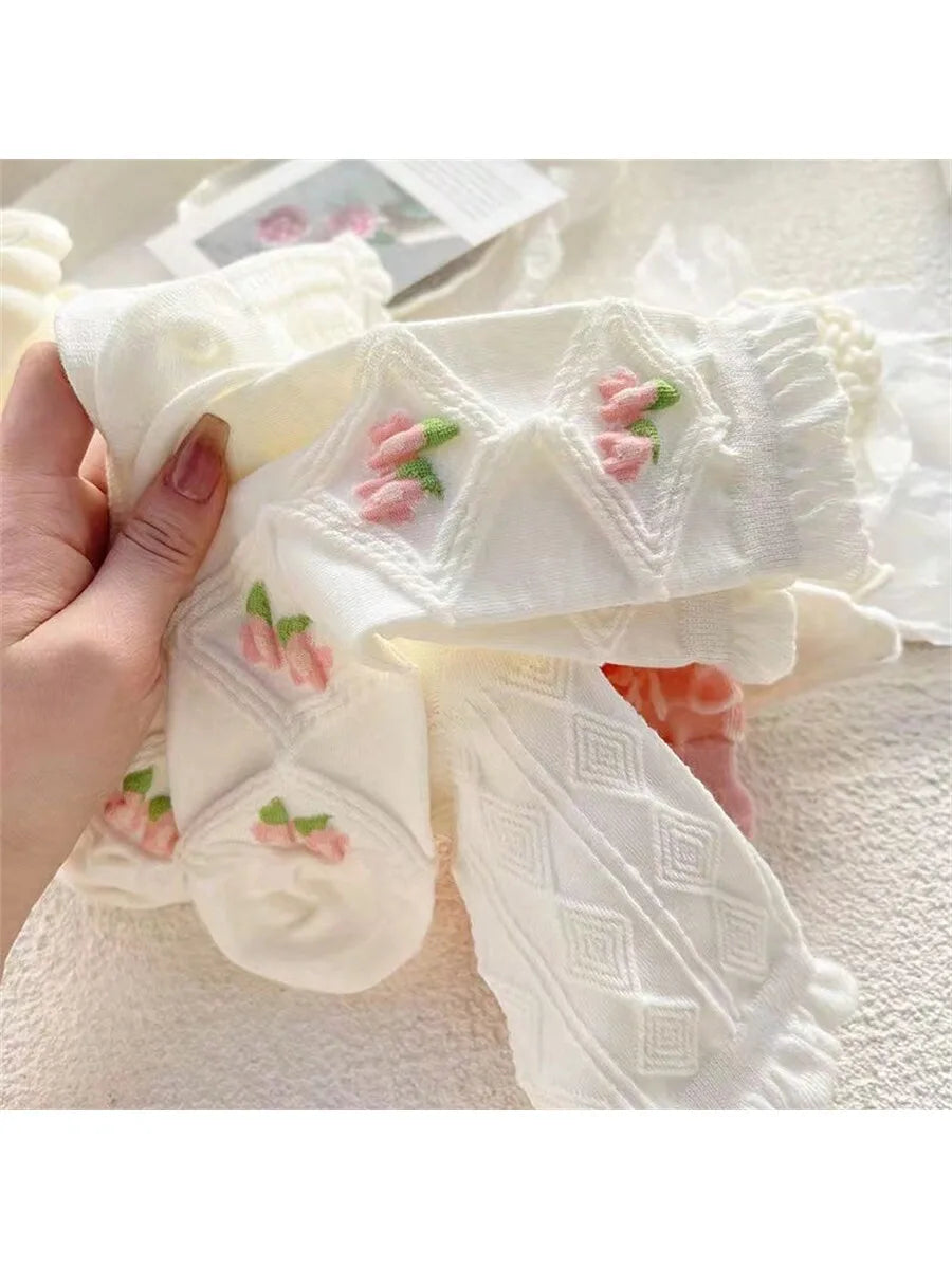 5 pairs of pink and white girl diamond patterned flower socks   pink and cute lace mid length socks