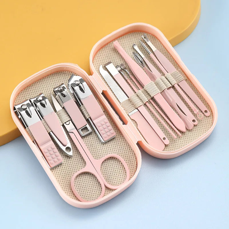 14 Piece Deluxe Manicure & Pedicure Set Pink And Blue Stainless Steel Nail Scissors, Clippers, Ear Digging Spoon for Men & Women