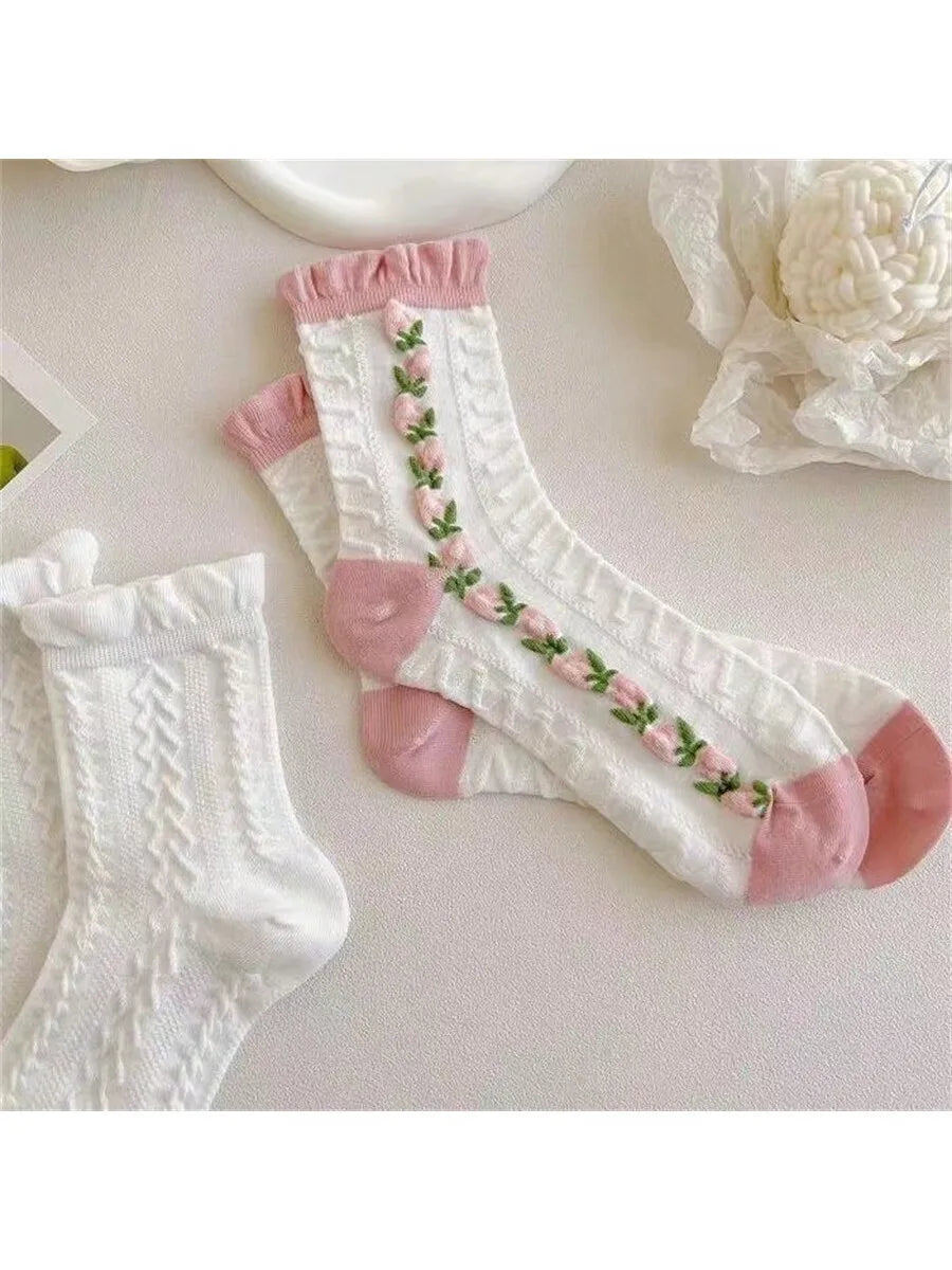 5 pairs of pink and white girl diamond patterned flower socks   pink and cute lace mid length socks