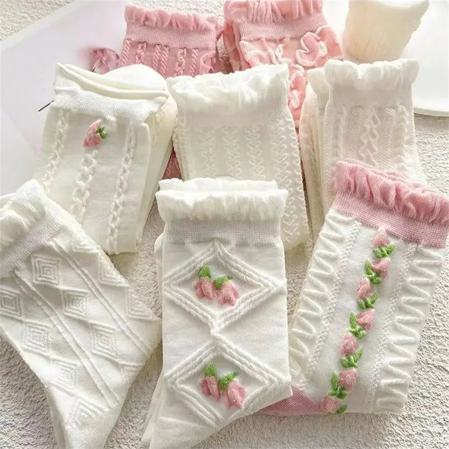 5 pairs of pink and white girl diamond patterned flower socks   pink and cute lace mid length socks