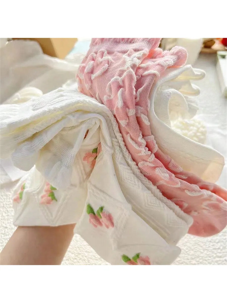 5 pairs of pink and white girl diamond patterned flower socks   pink and cute lace mid length socks