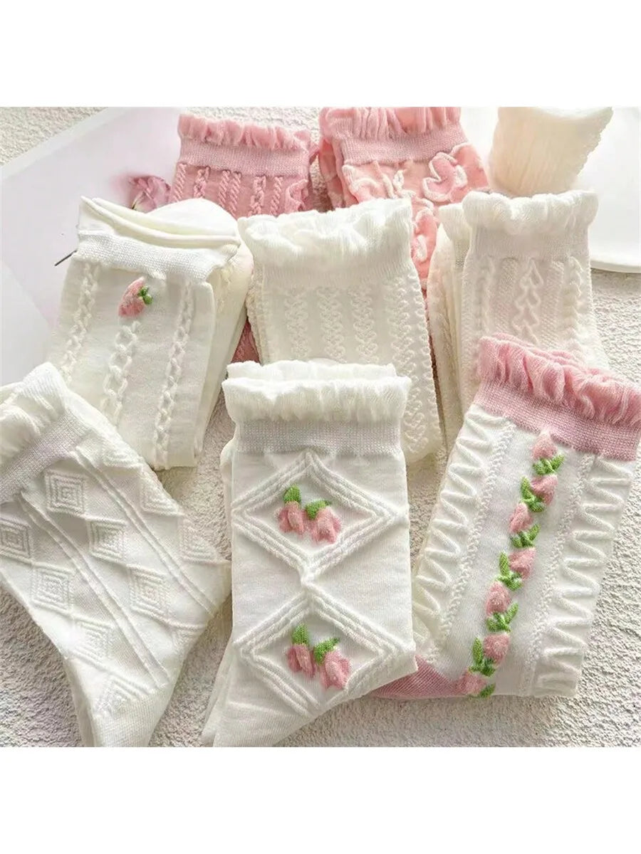 5 pairs of pink and white girl diamond patterned flower socks   pink and cute lace mid length socks