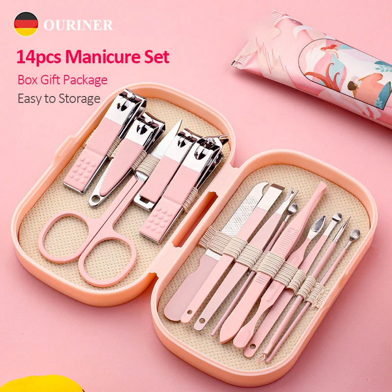 14 Piece Deluxe Manicure & Pedicure Set Pink And Blue Stainless Steel Nail Scissors, Clippers, Ear Digging Spoon for Men & Women