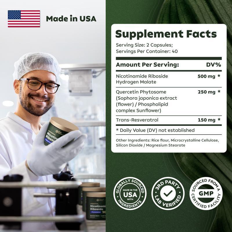 Nicotinamide Riboside + Resveratrol - Quercetin, High Purity NAD Supplement - 80 Capsules